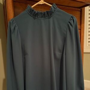J Crew Blouse w ruffles at neck wrists, dark green sz Small Excellent condition